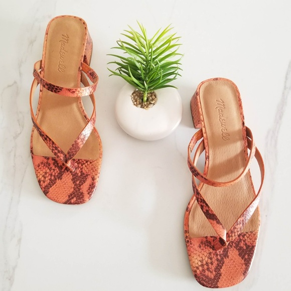 Madewell Shoes - Madewell The Amber Thong Slide Sandals Snake Print Leather Square Toe Heels NEW